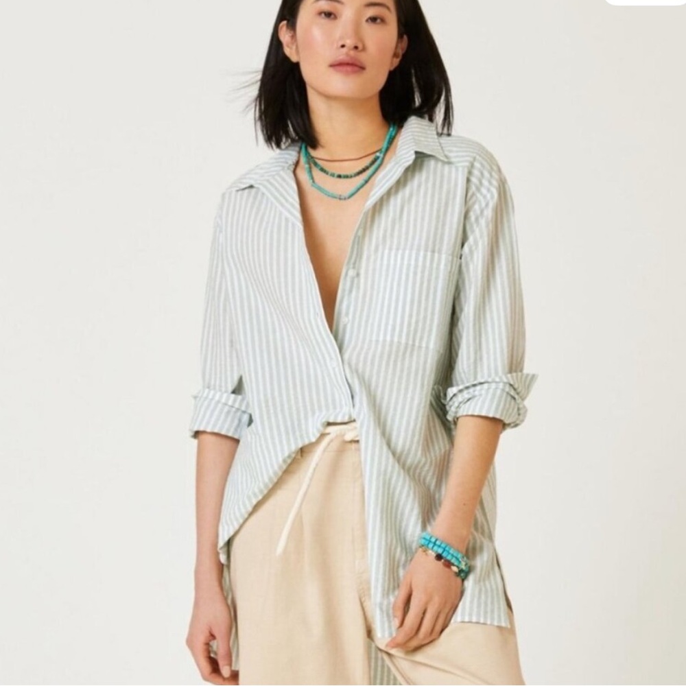 Anthropologie Light Green Striped Button Down Shirt tunic